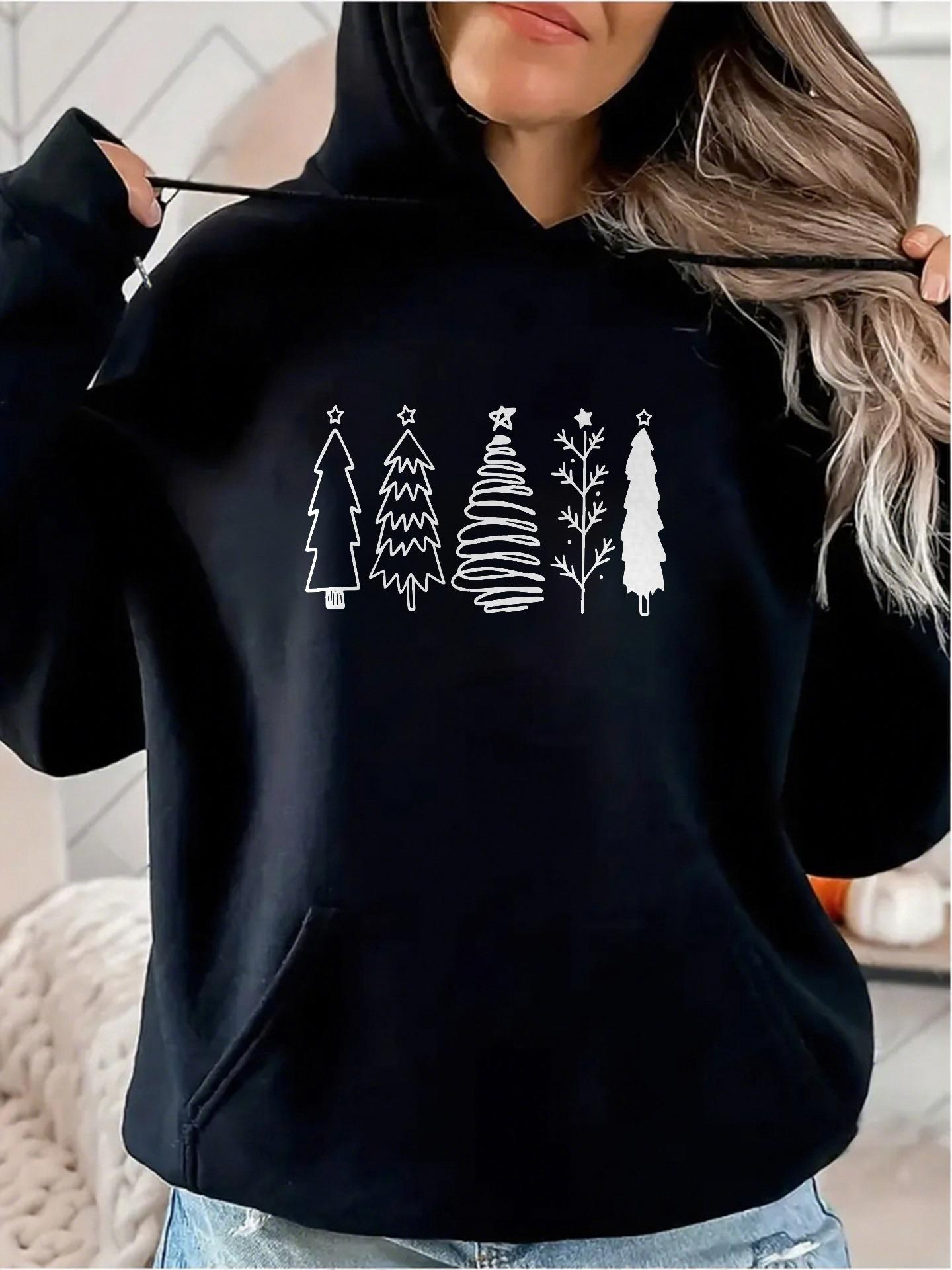 Women's Graphic Hoodie Minimalist Sketched Pines With Whimsical Winter Holiday Christmas Trees