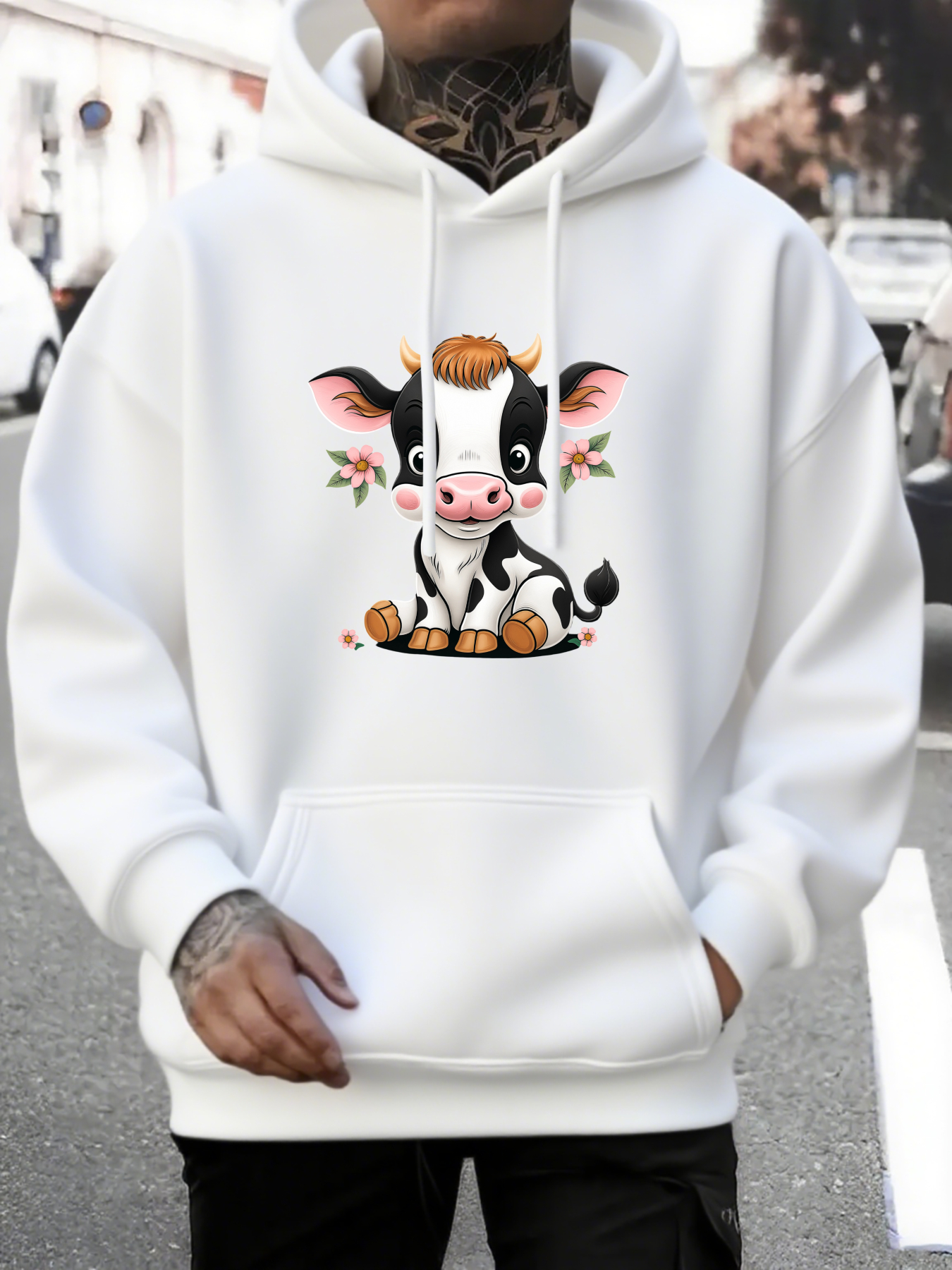 Men's Graphic Hoodie Cute Smiling Calf Among Blossoming Pink Flowers Calf