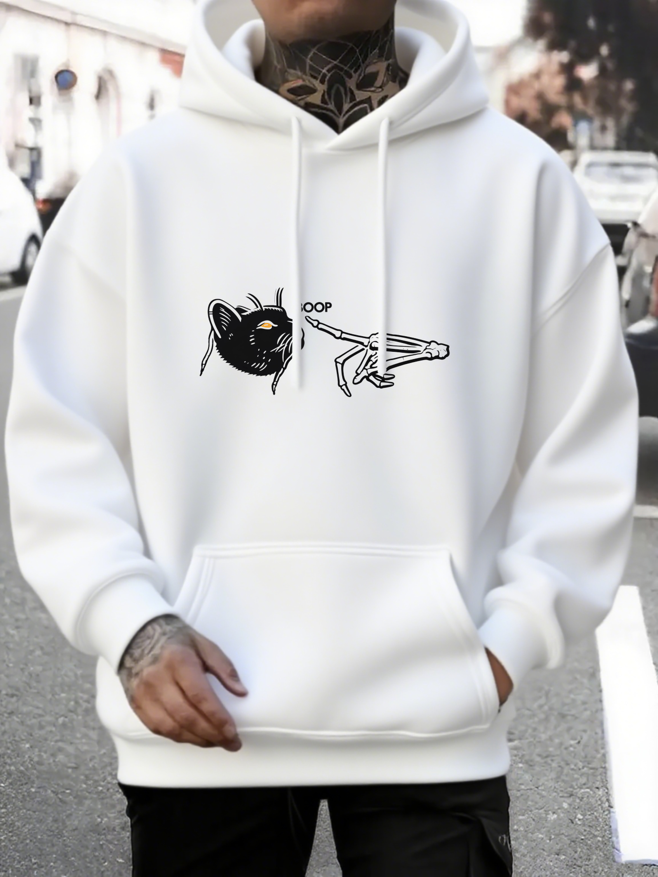 Men's Graphic Hoodie Playful Black Cat With Floating Chopsticks On White Hoodie