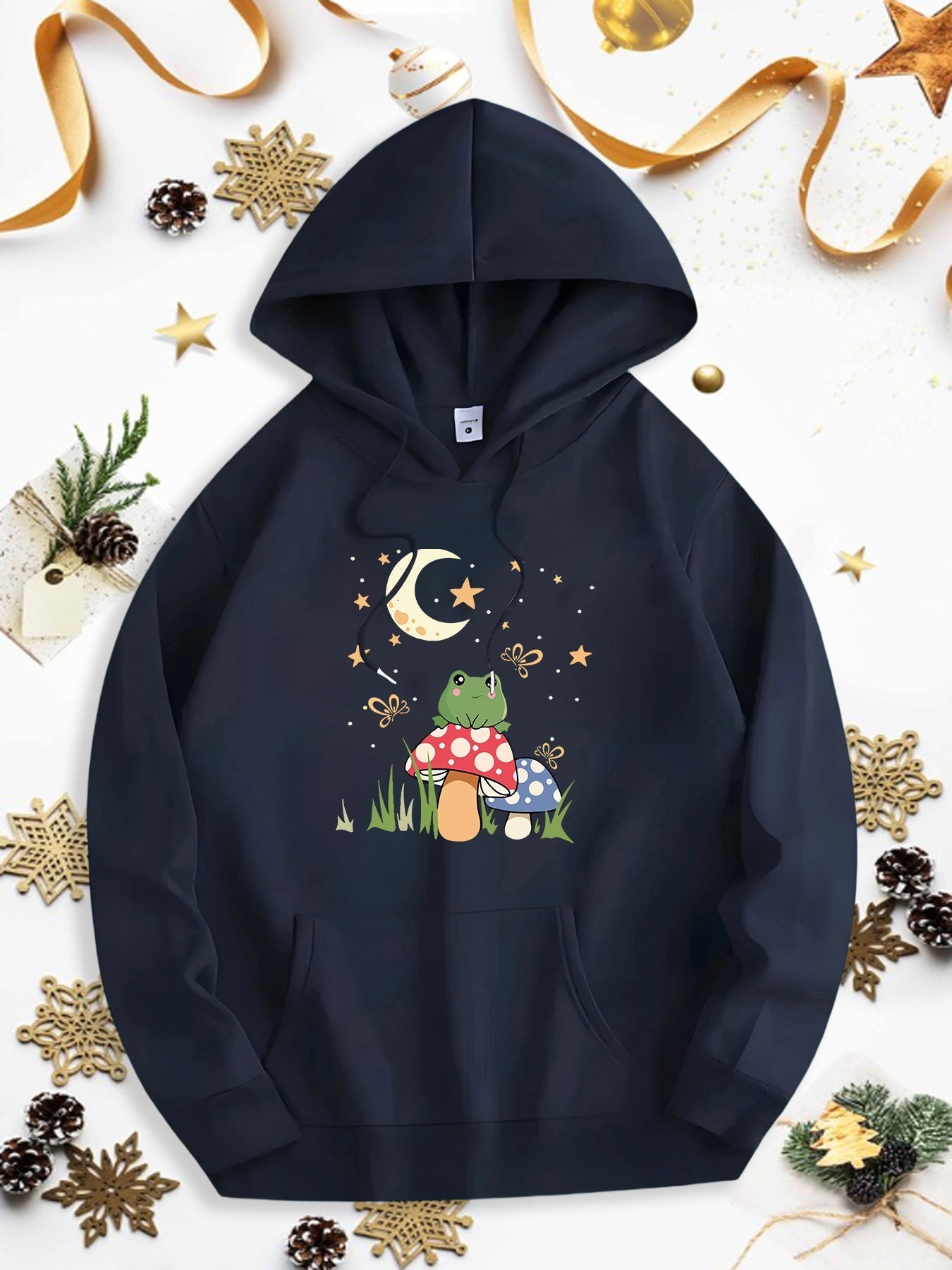 Men's Graphic Hoodie Starry Night With Moonlight Forest Mushrooms And Friendly Frog