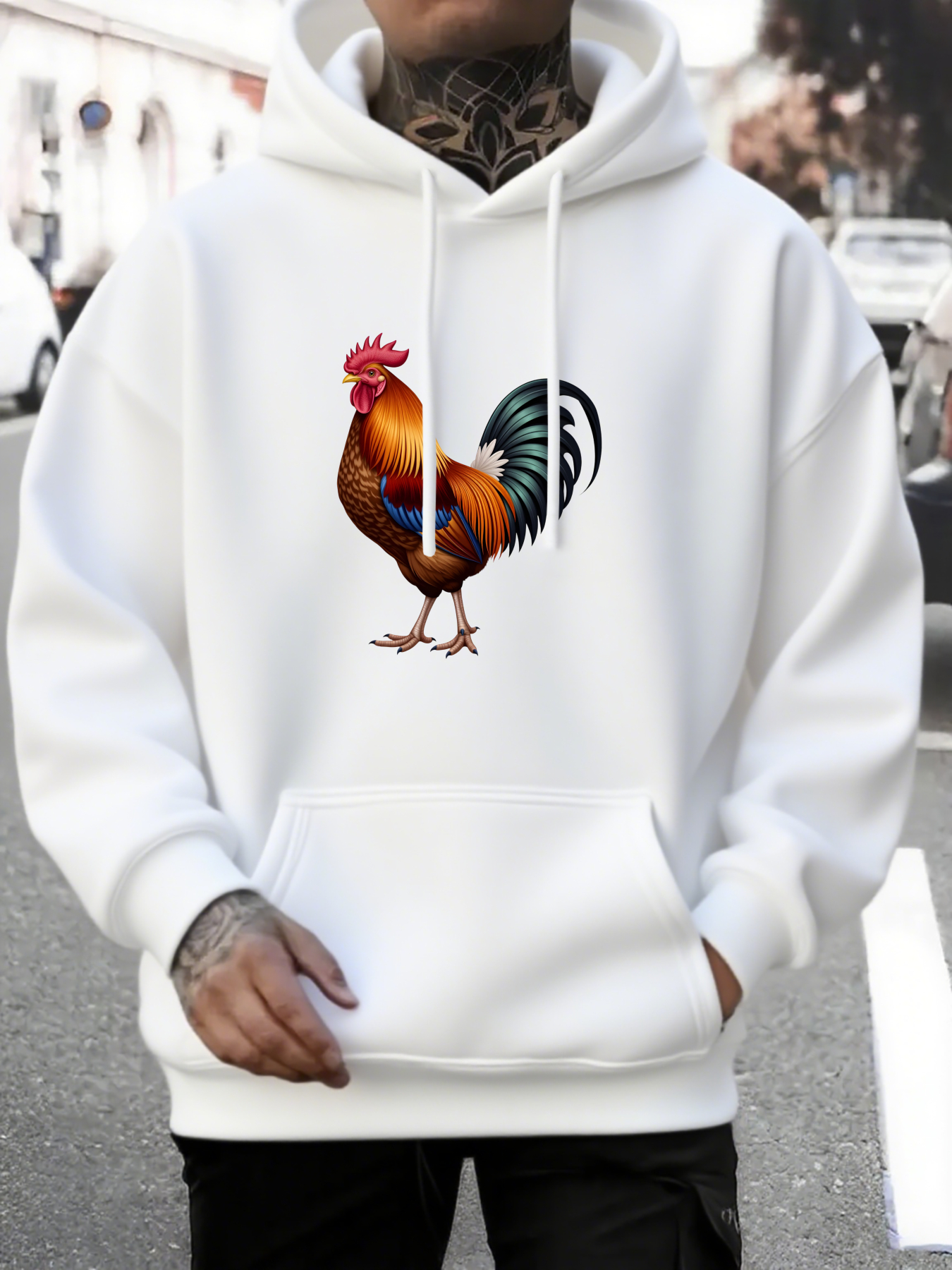 Men's Graphic Hoodie Vivid Feathered Colors Under Soft Daylight Rooster
