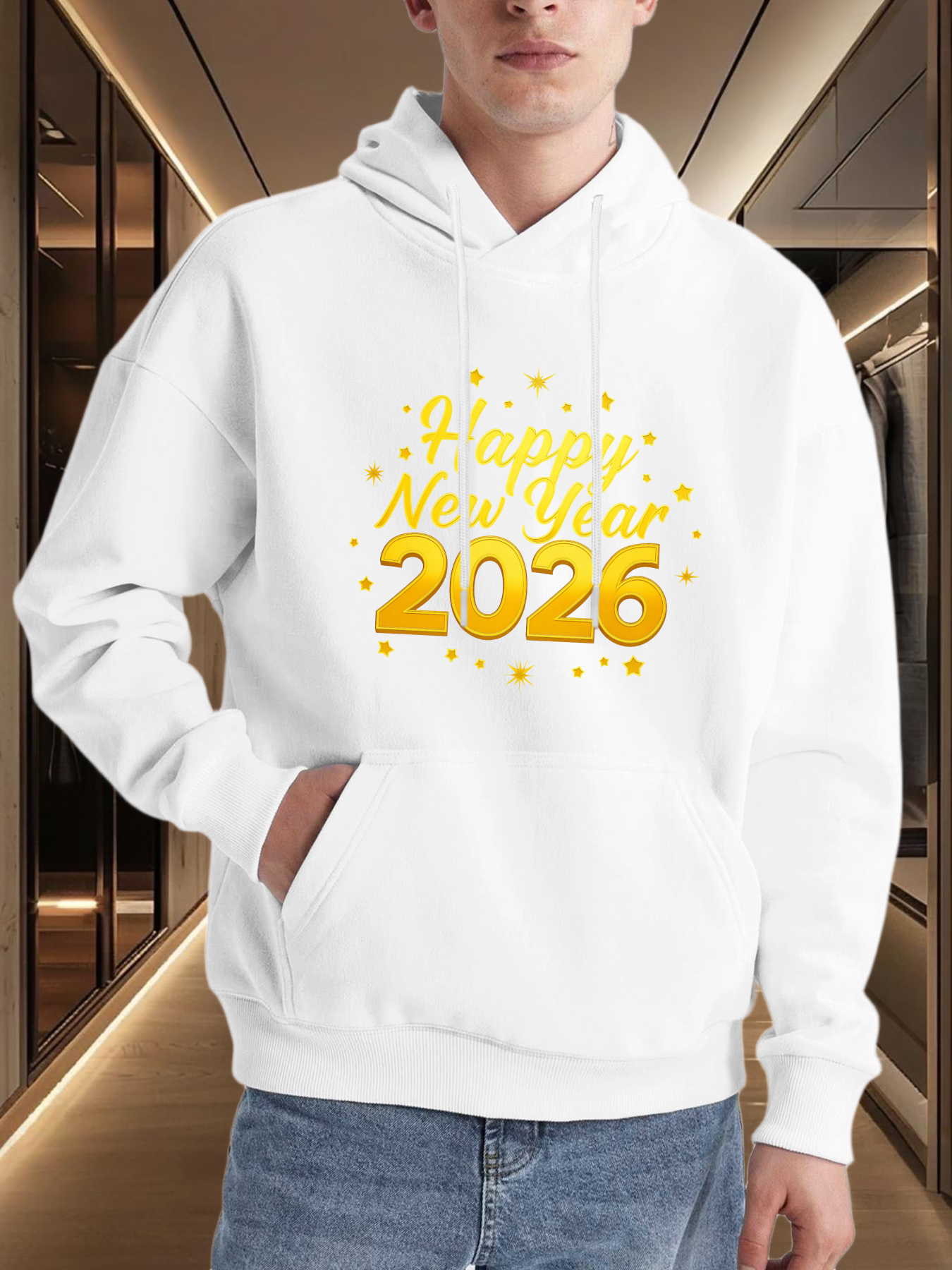 Men's Graphic Hoodie Happy New Year Surrounded By Festive Golden Sparkling Fireworks 2026