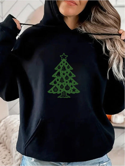 Women's Graphic Hoodie Green Holiday Ornament Patterned Festive Pine Christmas Tree