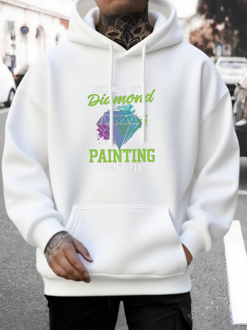 Men's Graphic Hoodie Diamond Painting Colorful Geometric Gemstone Under Bright Lettering Diamond