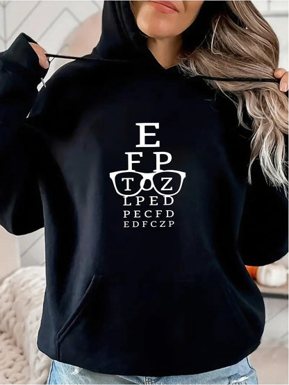 Women's Graphic Hoodie Layered White Letters With Glasses Eye Test Pattern Hoodie