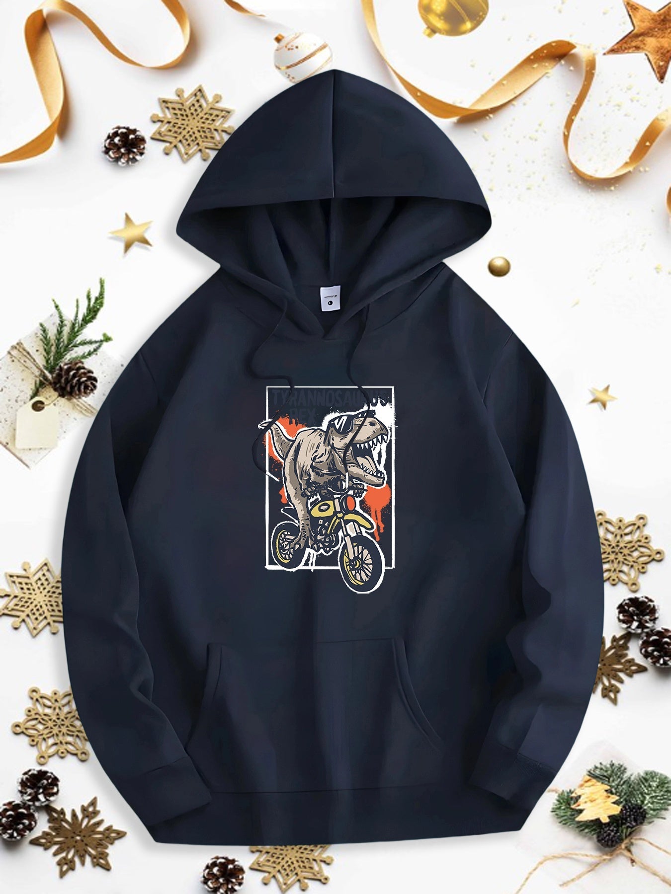 Men's Graphic Hoodie Roaring Prehistoric Beast Riding On Orange Motocross Bike Under Dramatic Sky Dinosaur