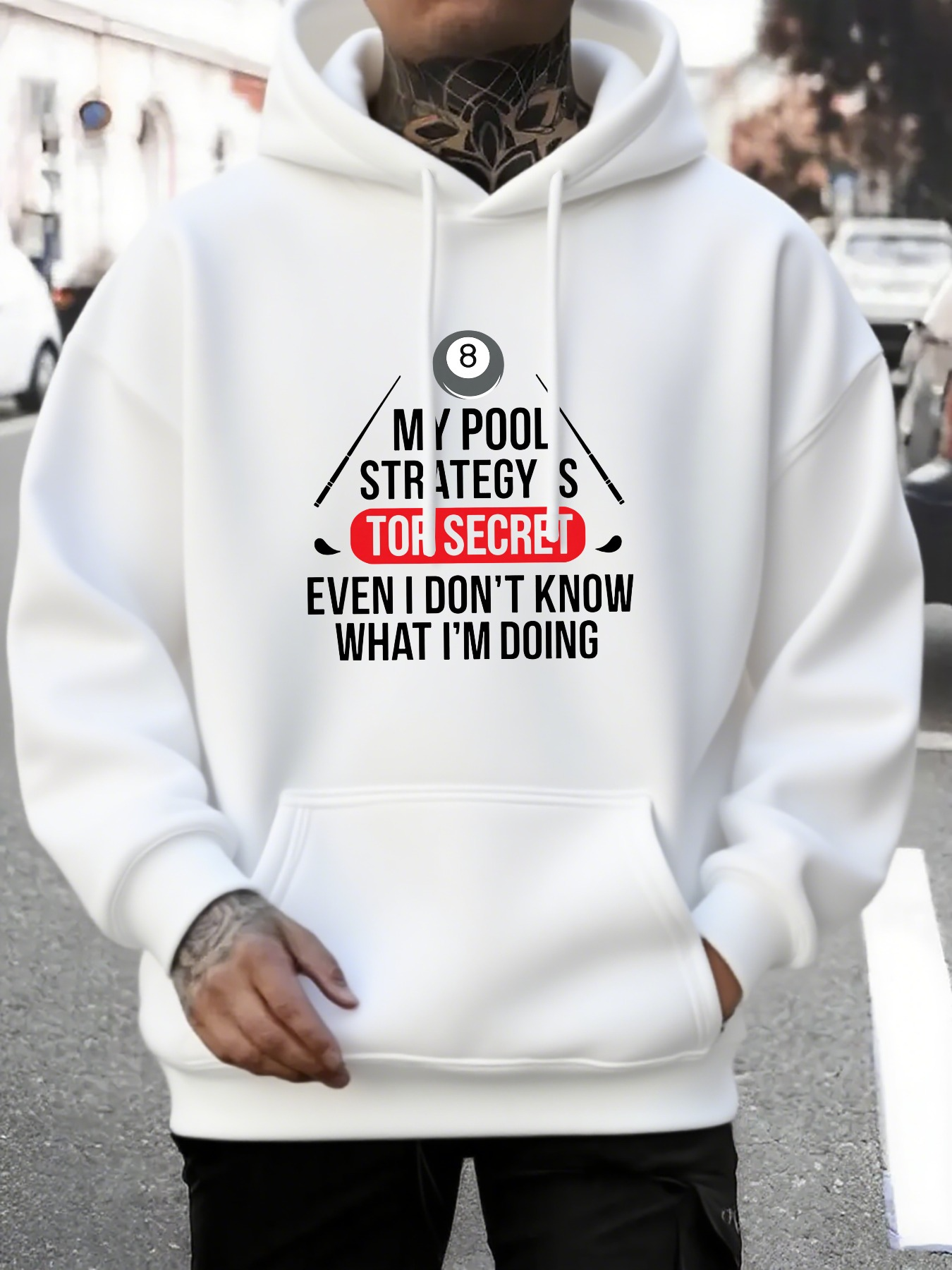 Men's Graphic Hoodie My Pool Strategy Top Secret With Black Triangle And Eight Ball