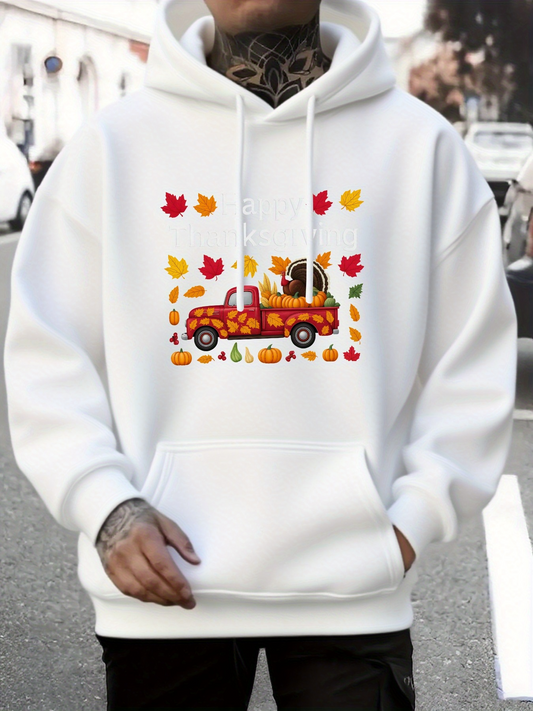 Men's Graphic Hoodie Autumn Harvest Leaves And Pumpkins With Festive Red Truck