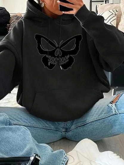 Women's Graphic Hoodie Shadowed Elegance With Delicate Patterns And Prominent Black Butterfly