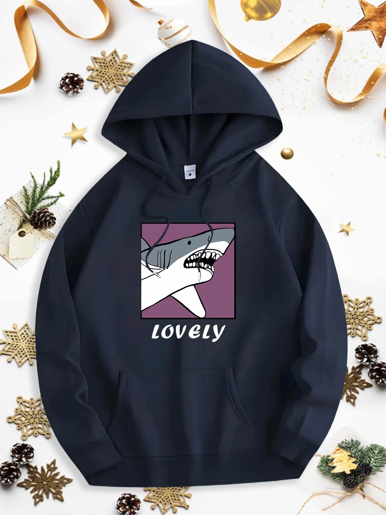 Men's Graphic Hoodie Lovely Cartoon Shark With Purple Framed Block Art Background