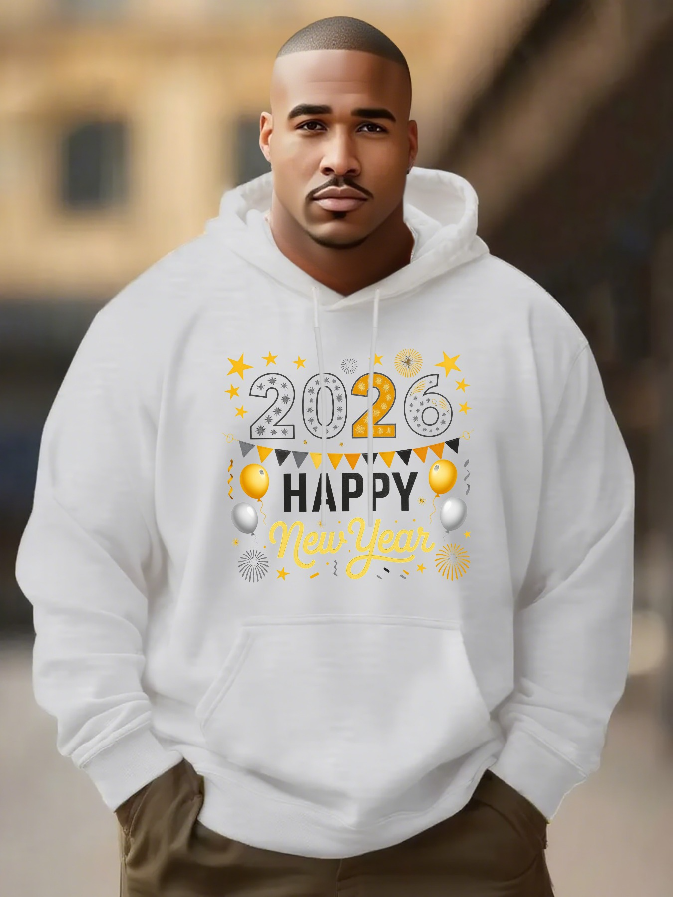 Men's Graphic Hoodie Happy New Year Golden Balloons Confetti Stars With Celebration Graphic Hoodie