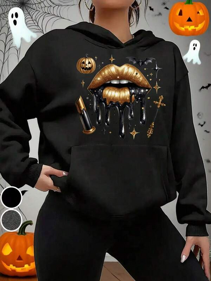 Women's Graphic Hoodie Golden Lipstick With Shiny Metallic Dripping Pumpkin Lips