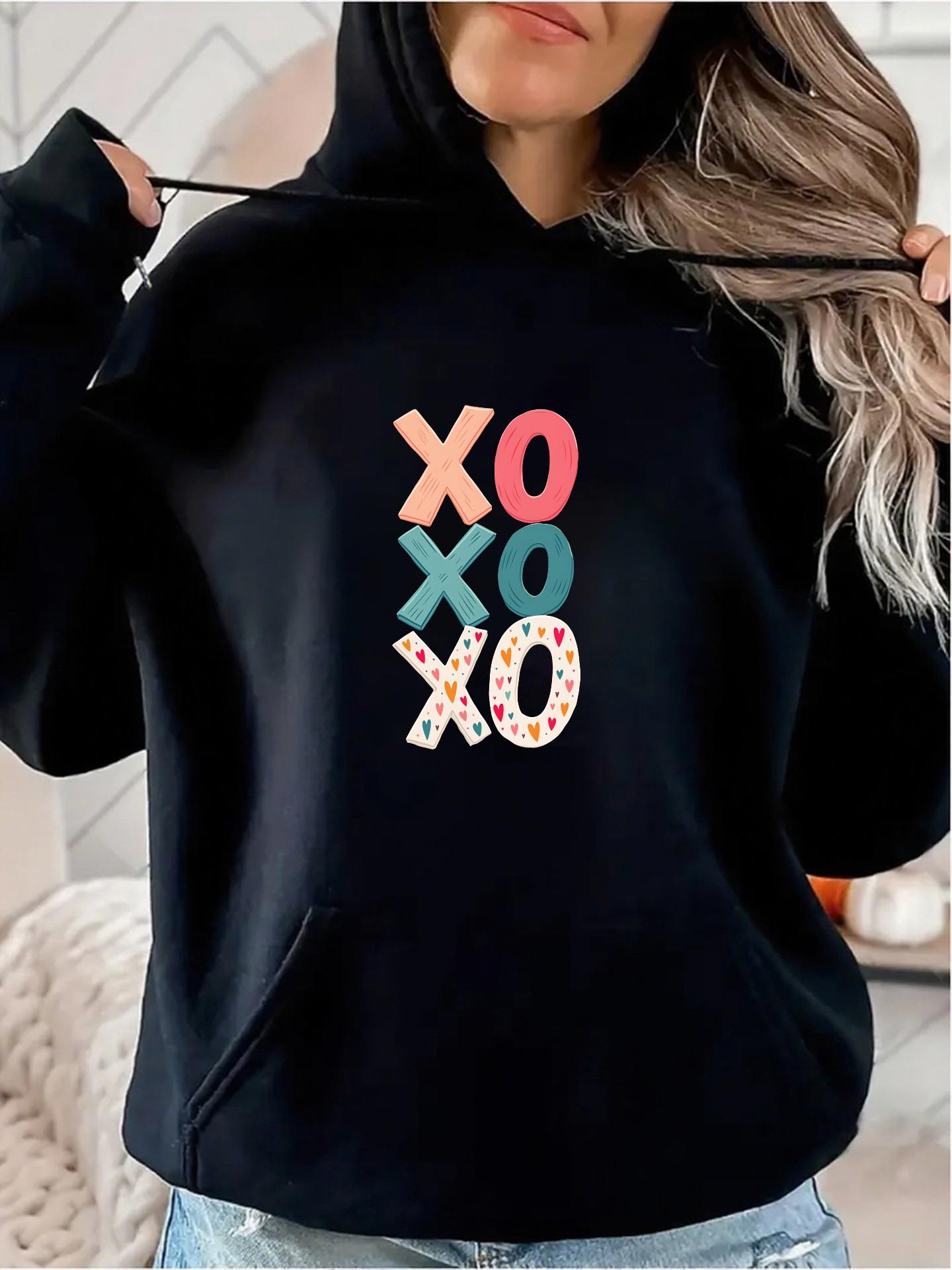 Women's Graphic Hoodie Playful Multicolor Bold Pattern Letters Stacked XOXO Text