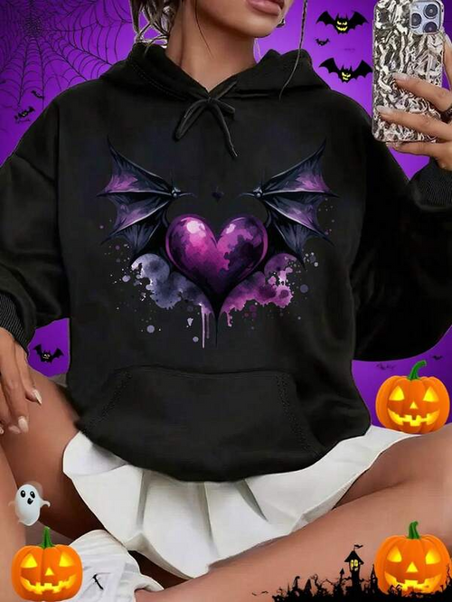 Women's Graphic Hoodie Purple Bat Wings And Glowing Smoke Surrounding A Dark Heart