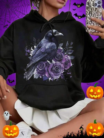 Women's Graphic Hoodie Dark Feathers With Purple Roses Under Moonlit Shadows Raven