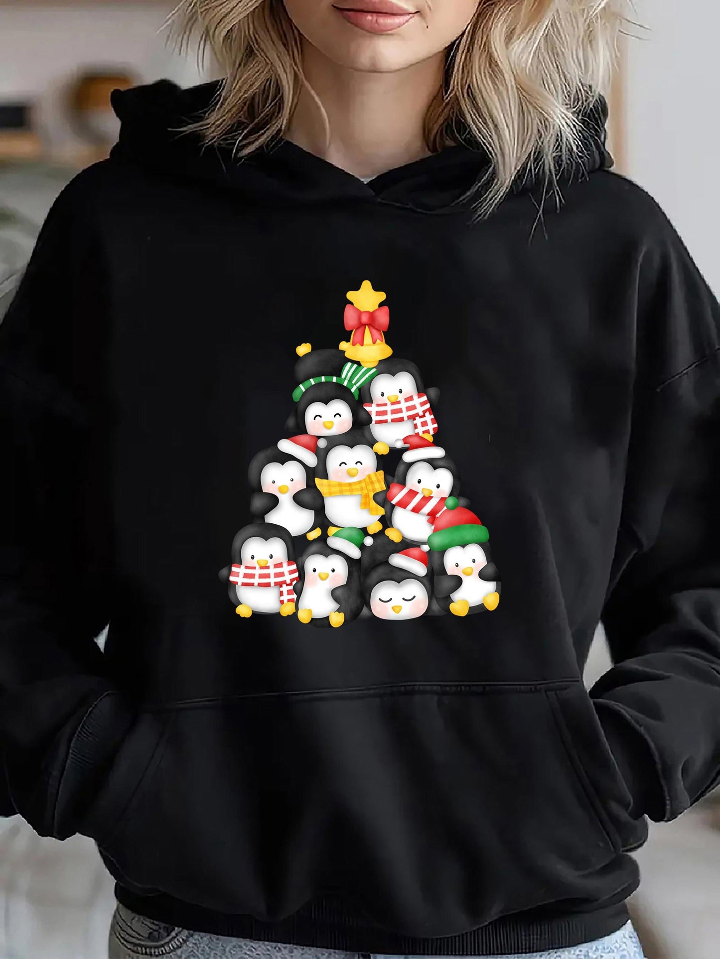 Women's Graphic Hoodie Festive Winter Penguins Wearing Holiday Hats With Christmas Tree Gifts
