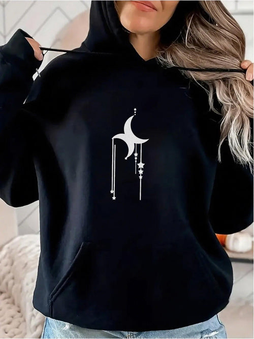 Women's Graphic Hoodie Lunar Phases With Hanging Stardust Over Crescent Moon