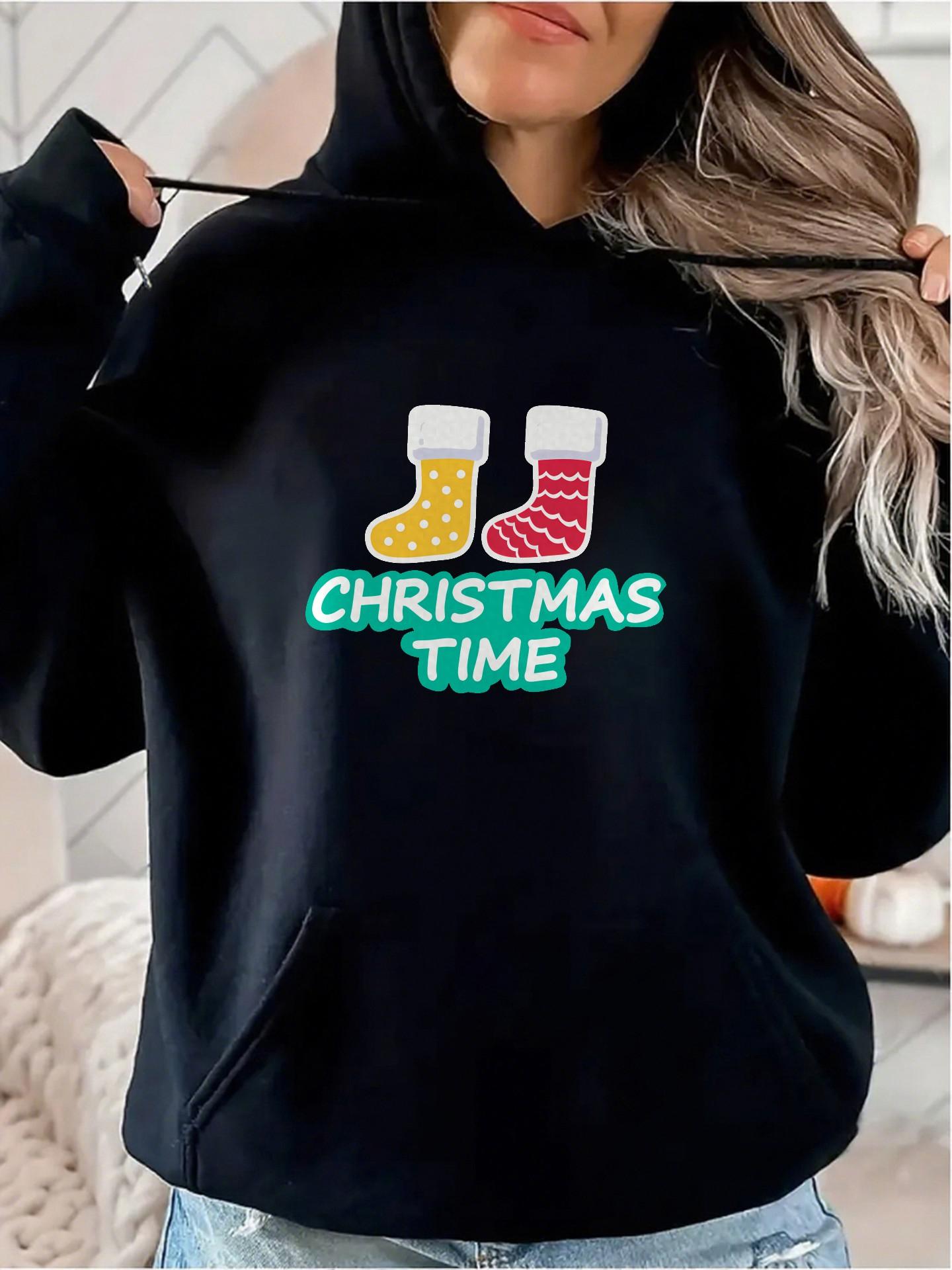 Women's Graphic Hoodie Christmas Time With Festive Knitted Stockings In Holiday Colors Sweatshirt