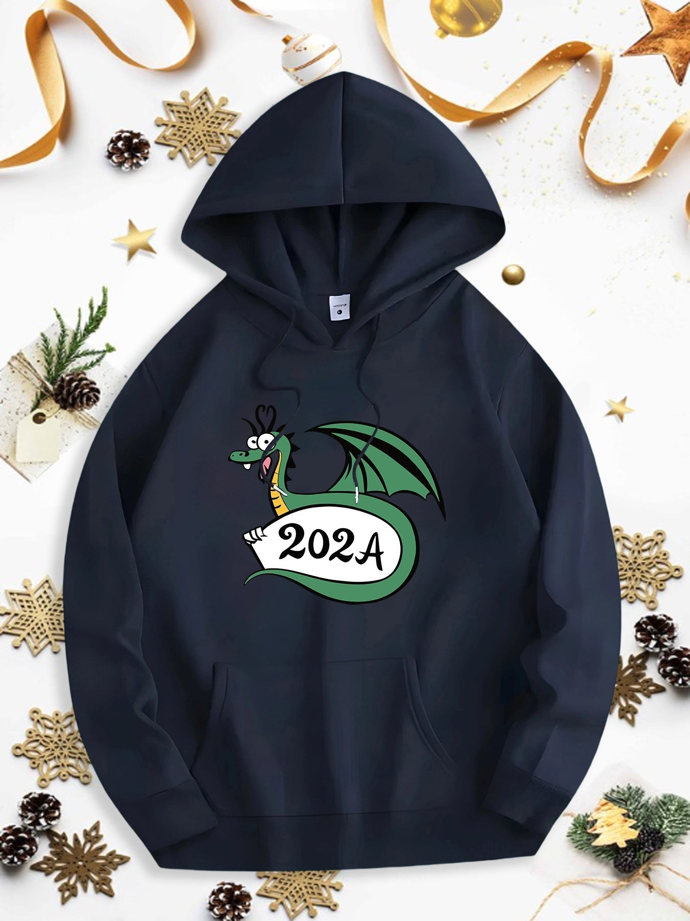 Men's Graphic Hoodie Green Cartoon Dragon With Whimsical Expression Holding Number Banner Dragon