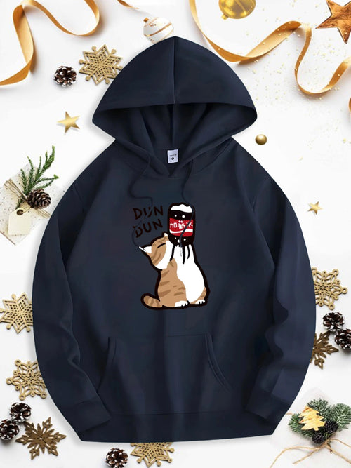 Men's Graphic Hoodie Playful Cartoon Cat With Drumsticks And Red Headband Cat