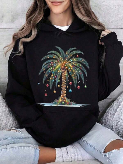 Women's Graphic Hoodie Sparkling Ornaments Adorned Palm Tree Under Twinkling Holiday Lights