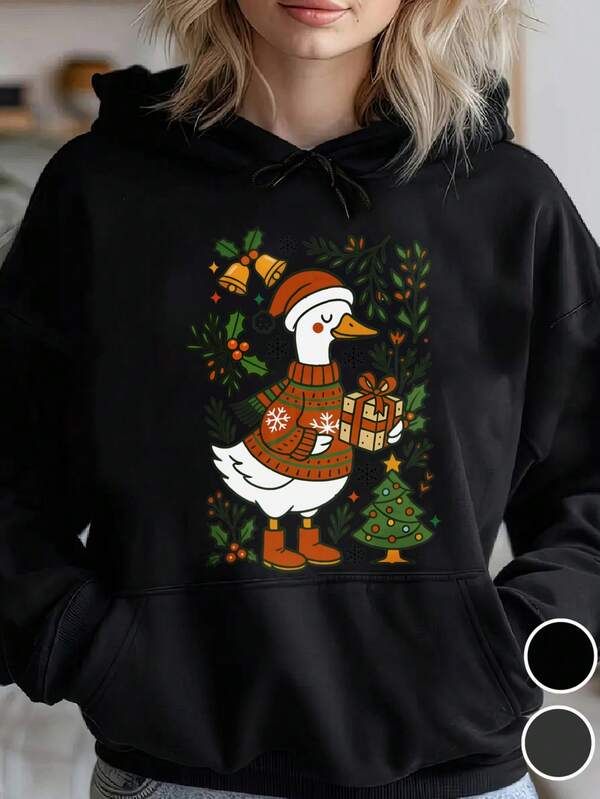 Women's Graphic Hoodie Winter Foliage Cozy Sweater Duck With Gift And Festive Christmas Tree