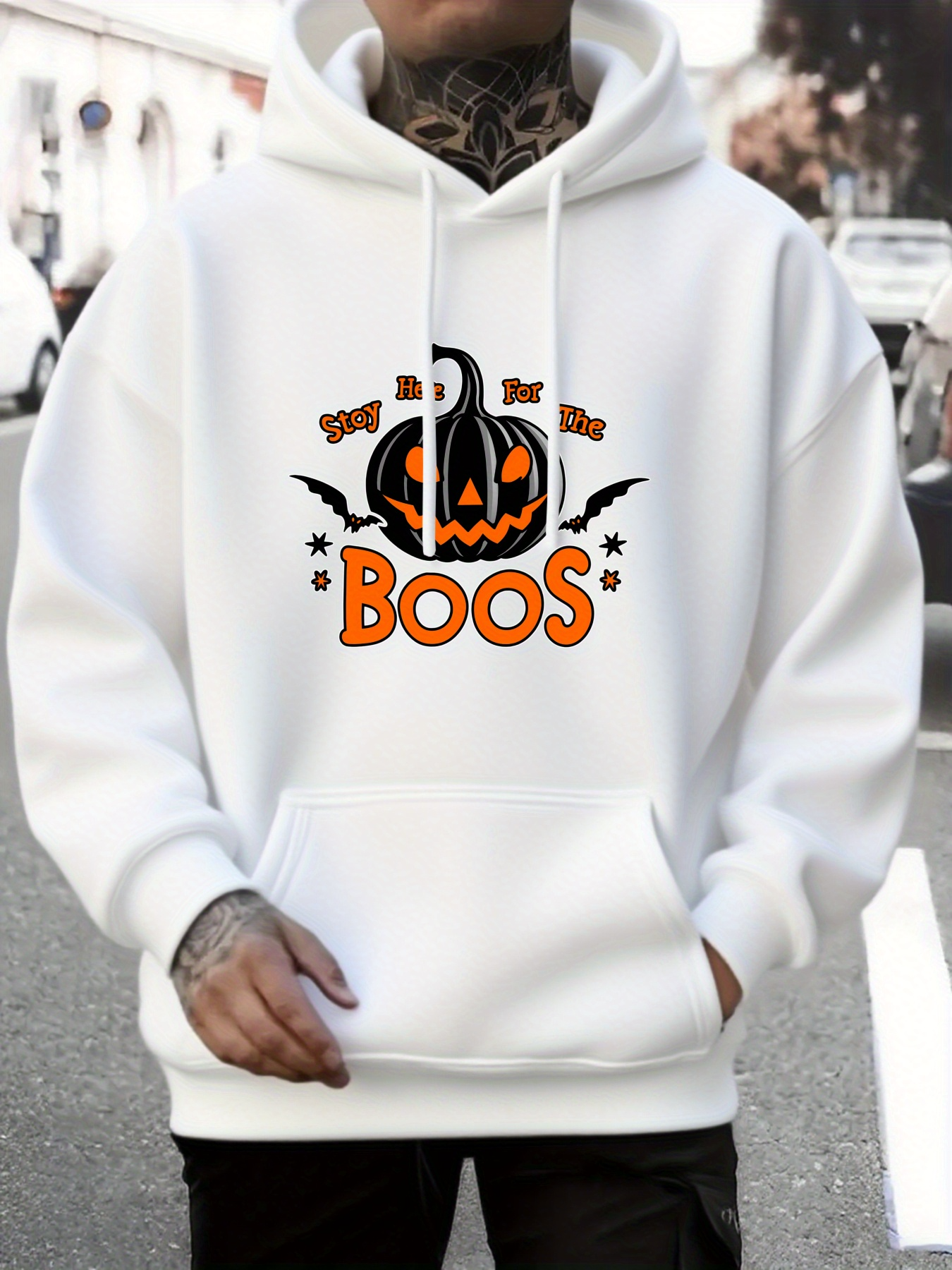 Men's Graphic Hoodie Pumpkin With Flying Bats And Stars Around Halloween Boos