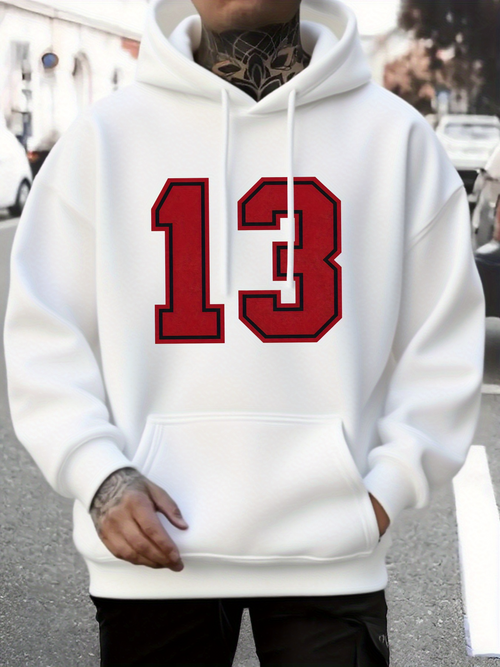 Men's Graphic Hoodie Vivid Red Outline Athletic Number Thirteen Hoodie