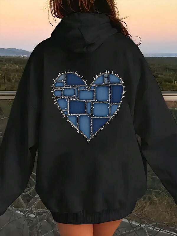Women's Graphic Hoodie Patchwork Stitched Blue Pattern Within A Denim Heart