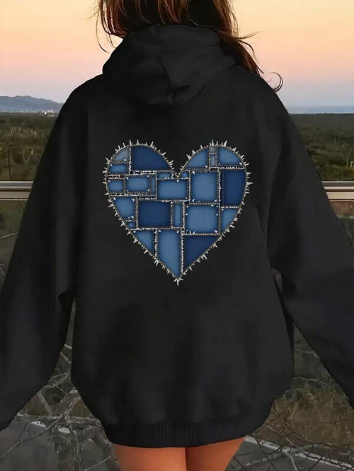 Women's Graphic Hoodie Patchwork Stitched Blue Pattern Within A Denim Heart