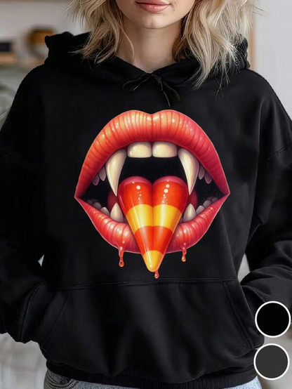 Women's Graphic Hoodie Dripping Fangs With Vampire Lips Devouring Candy Corn