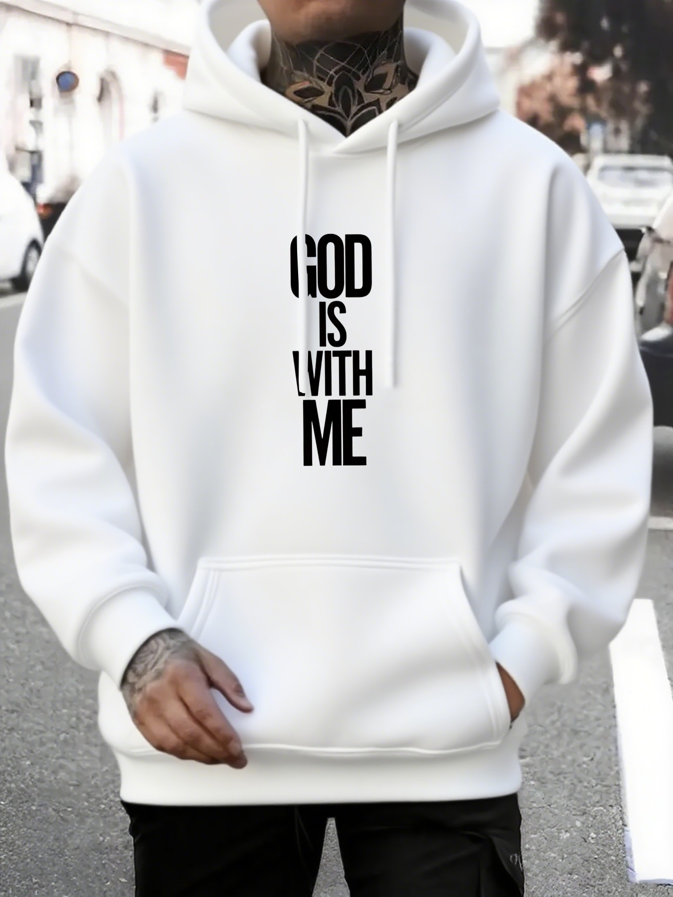 Men's Graphic Hoodie God Is With Me Bold Minimalist Urban Streetwear Hoodie
