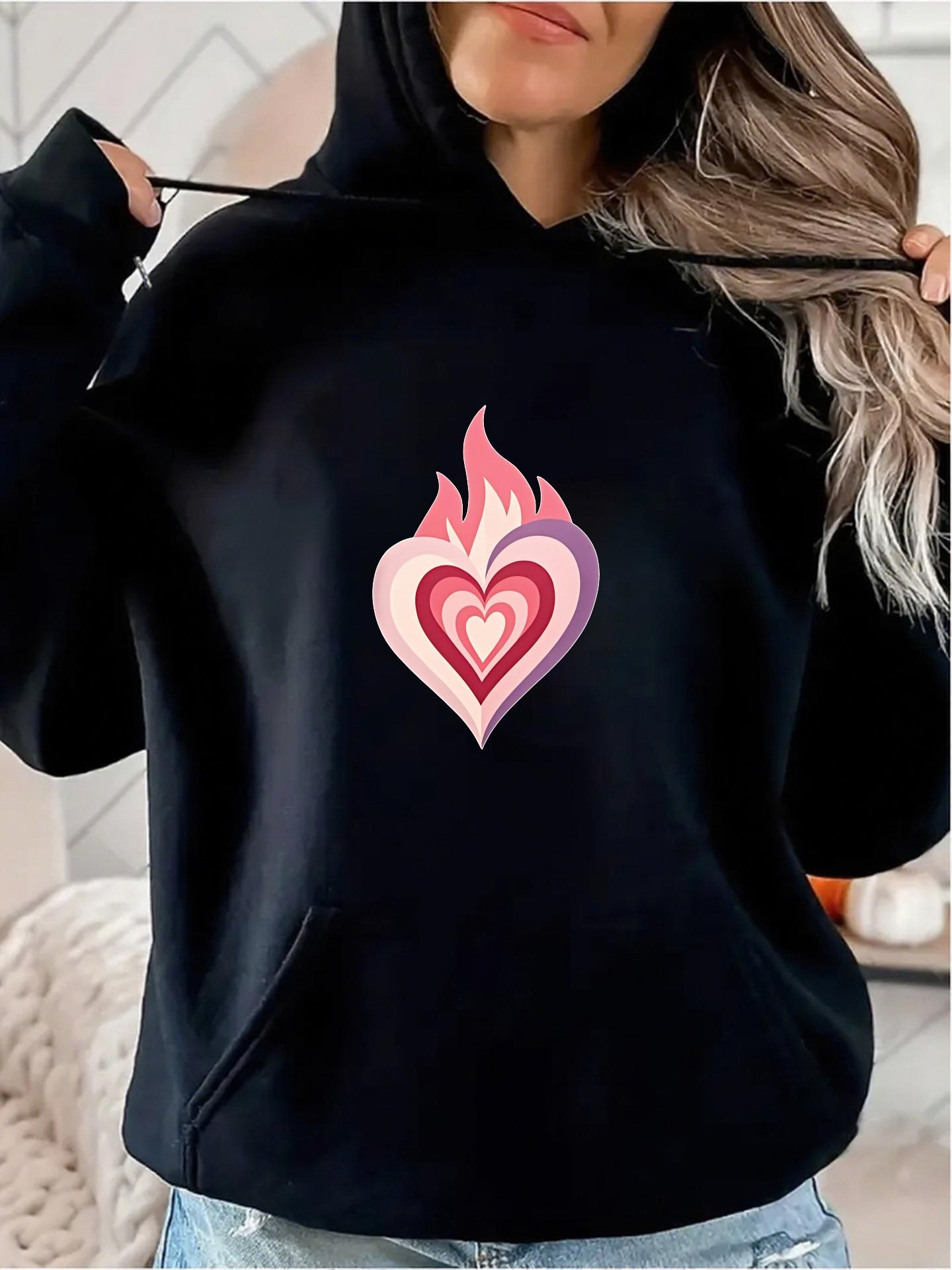 Women's Graphic Hoodie Radiant Pink Flames Shaped Like Heart Illuminating Darkness With Central Heart Design