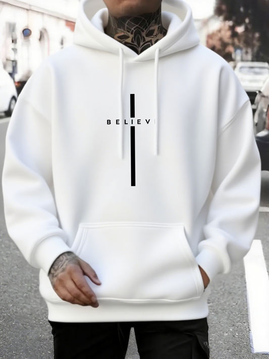 Men's Graphic Hoodie Believe With Simple Vertical Black Stripe Hoodie