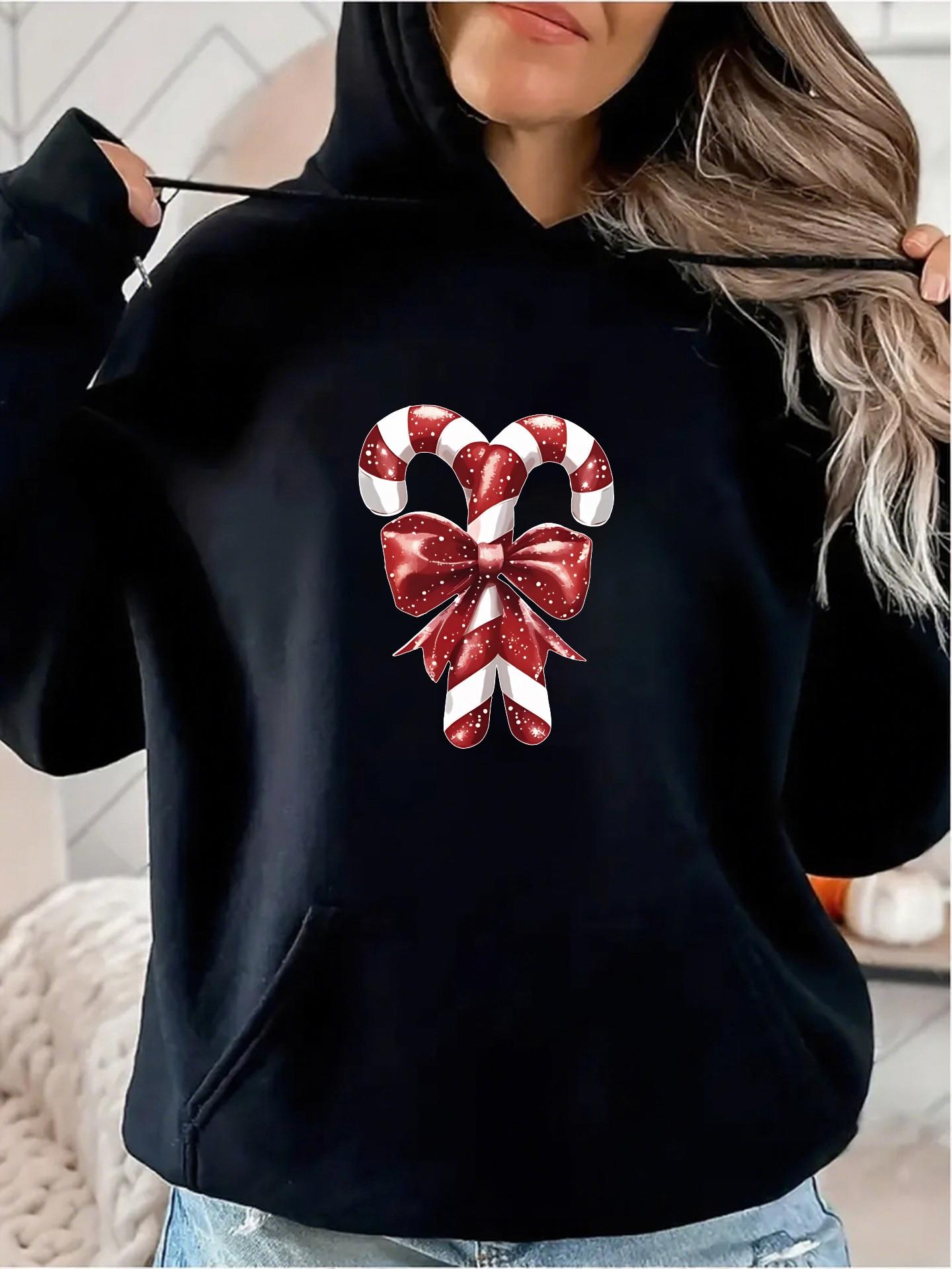 Women's Graphic Hoodie Red Bow Tied Candy Canes With Holiday Cheer Among Winter Treats Candy Cane