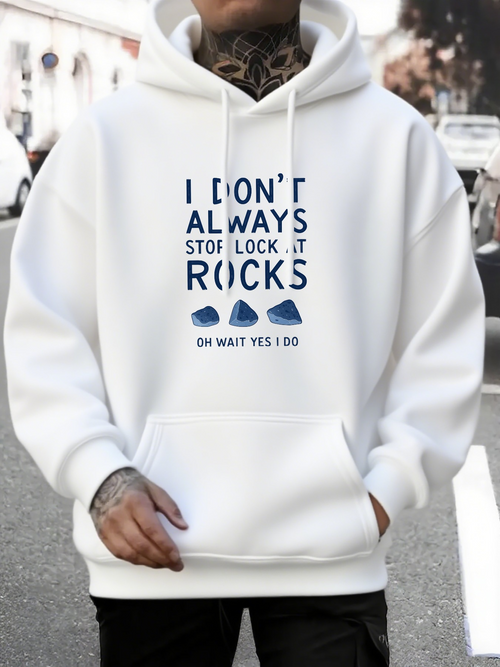 Men's Graphic Hoodie Funny Quote With Blue Illustrations Among Scattered Mountain Rocks