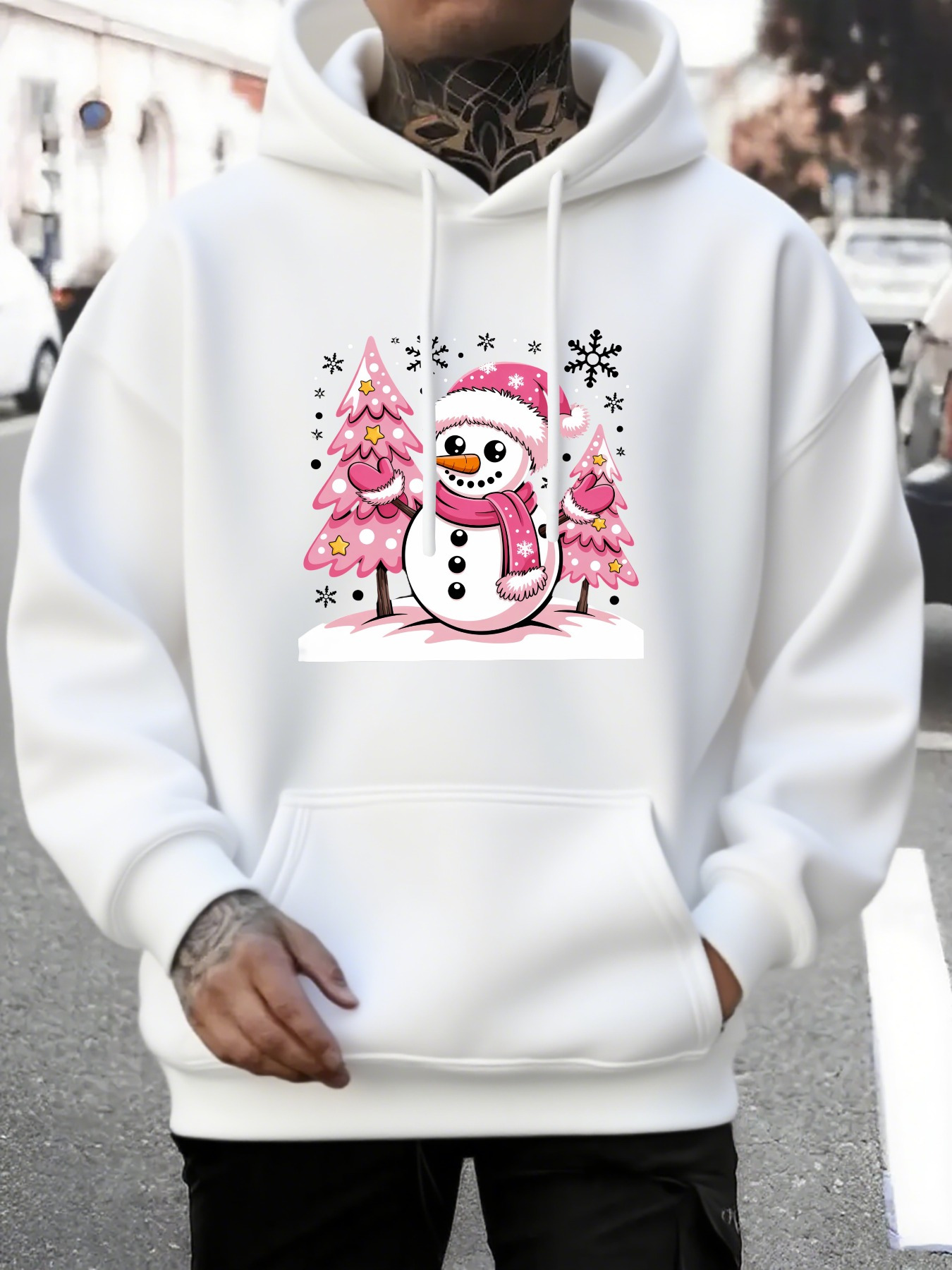 Men's Graphic Hoodie Cheerful Pink Trees Snow Sparkling Winter Joyful Snowman