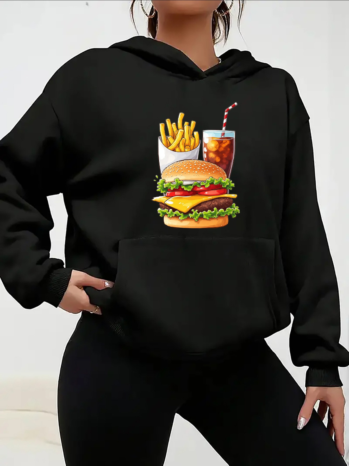 Women's Graphic Hoodie Crispy French Fries With Fresh Burger And Iced Soda Drink