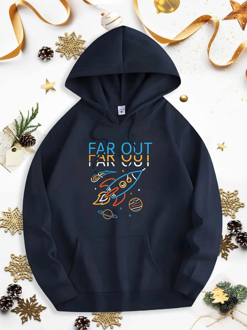 Men's Graphic Hoodie Far Out With Shooting Stars Planets And Cartoon Rocket Spaceship