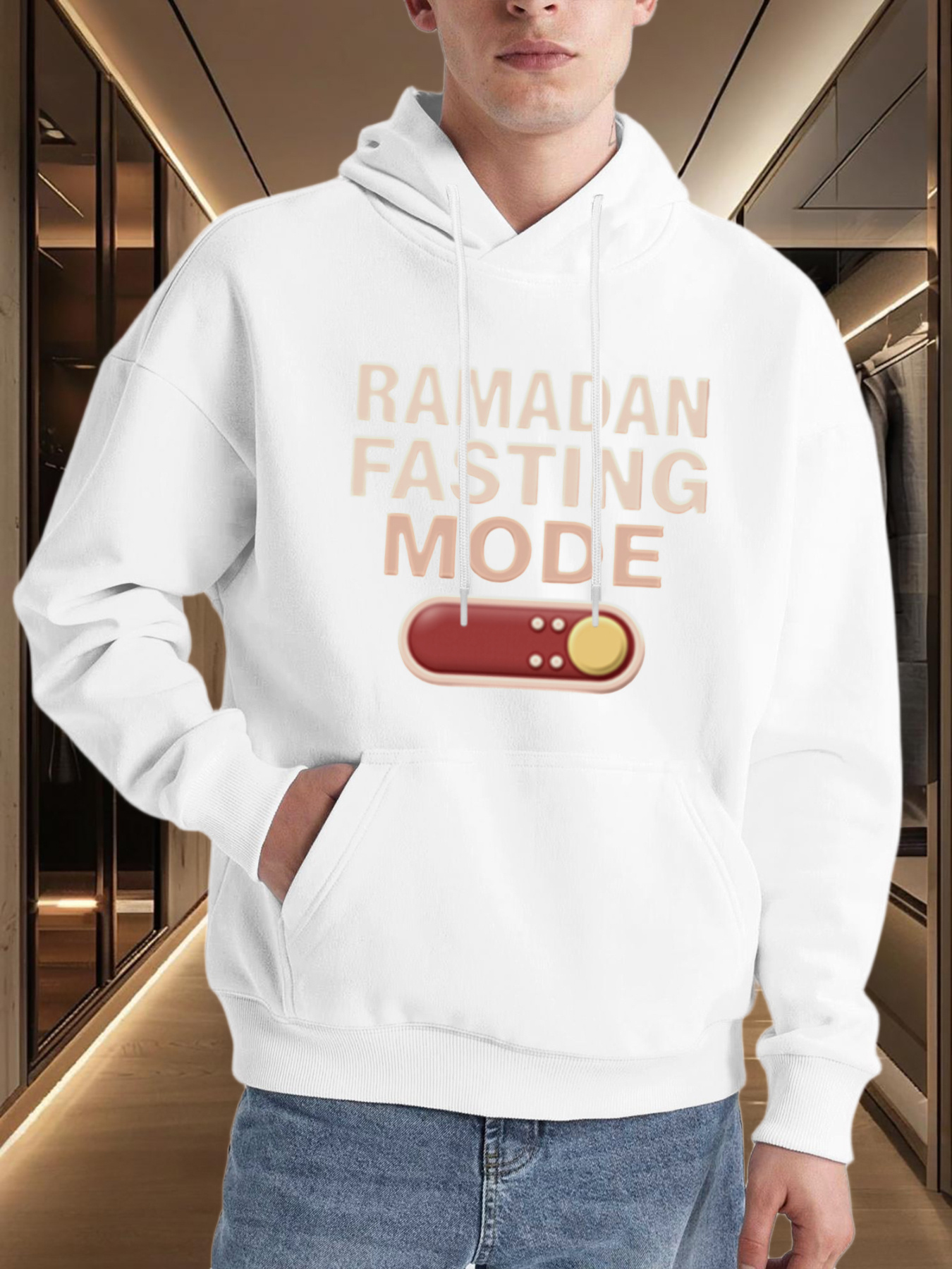 Men's Graphic Hoodie Ramadan Fasting Mode With Power Button Illustration And Neutral Background