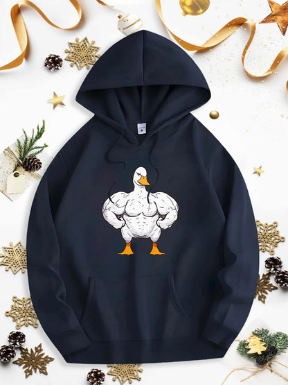Men's Graphic Hoodie Cartoon Bodybuilder Duck With White Feathers And Orange Webbed Feet Hoodie