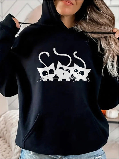 Women's Graphic Hoodie Playful Kittens With Twisting Tails Expressive Cartoon Eyes Cat