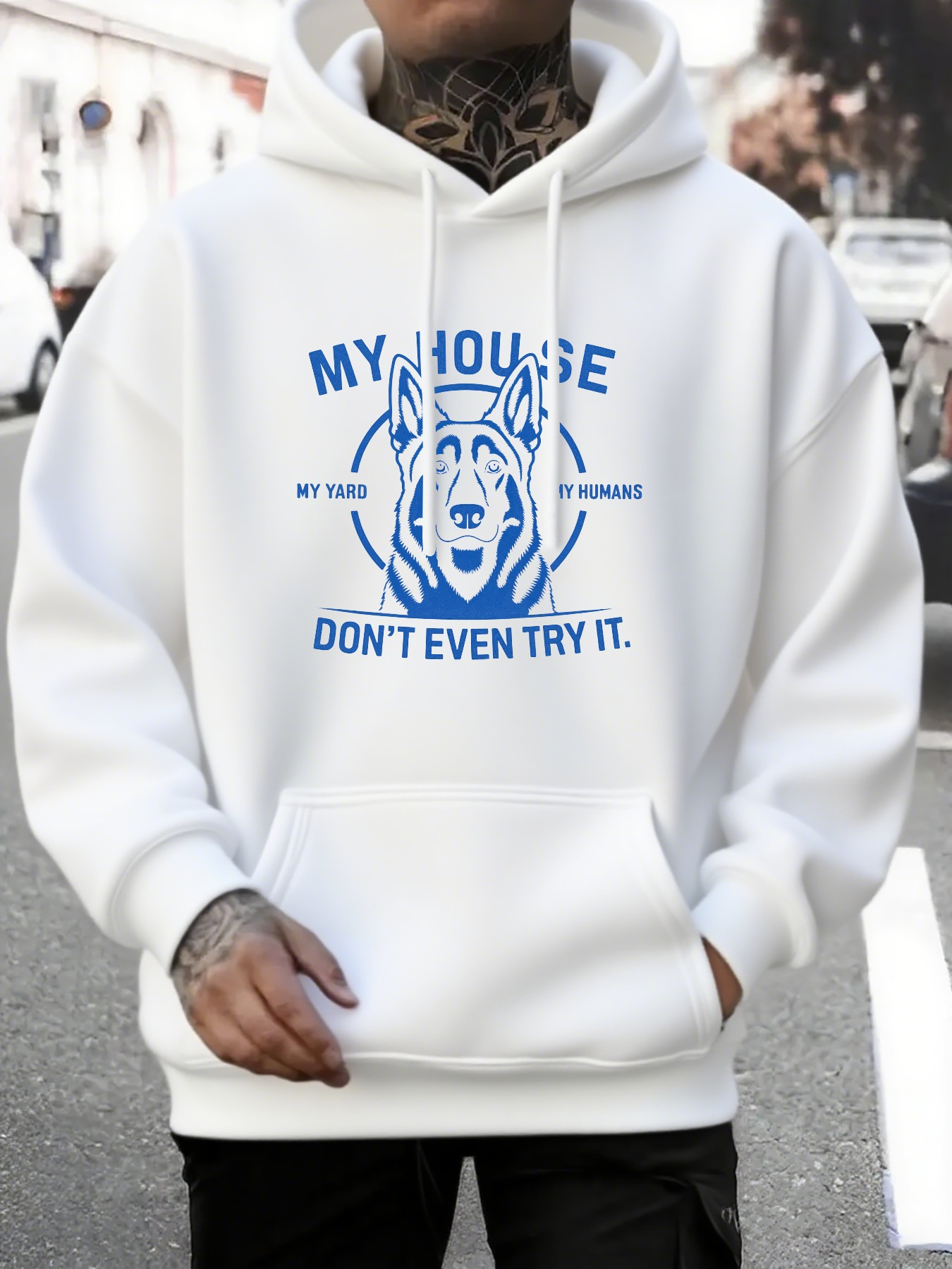Men's Graphic Hoodie My House Blue Outlined Dog Surrounded By Caution Words Hoodie