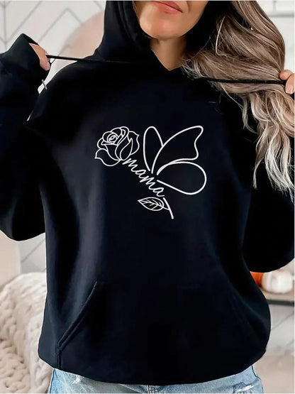 Women's Graphic Hoodie Mama With Delicate Rose And Soft Outlined Butterfly Motif Hoodie