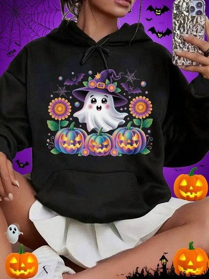 Women's Graphic Hoodie Charming Autumn Night With Pumpkins Flowers And Smiling Witch Ghost
