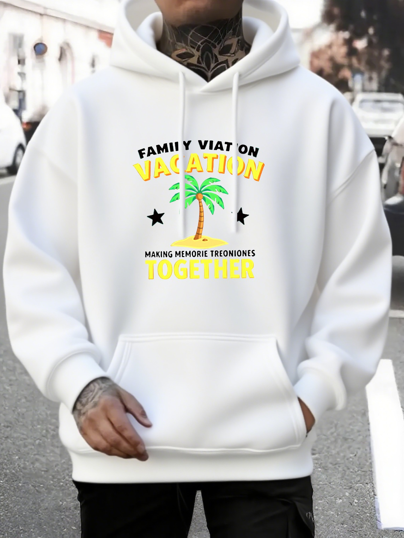 Men's Graphic Hoodie Family Vacation Tropical Palm Tree Under Sunny Skies With Black Stars Hoodie