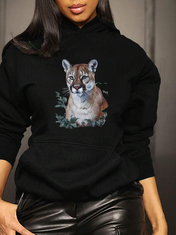 Women's Graphic Hoodie Lush Greenery With Realistic Brushwork Surrounding A Pristine Wild Cougar
