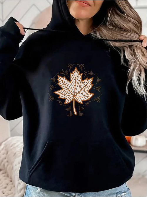 Women's Graphic Hoodie Golden Autumn Light Shining With Lacy Pattern Maple Leaf