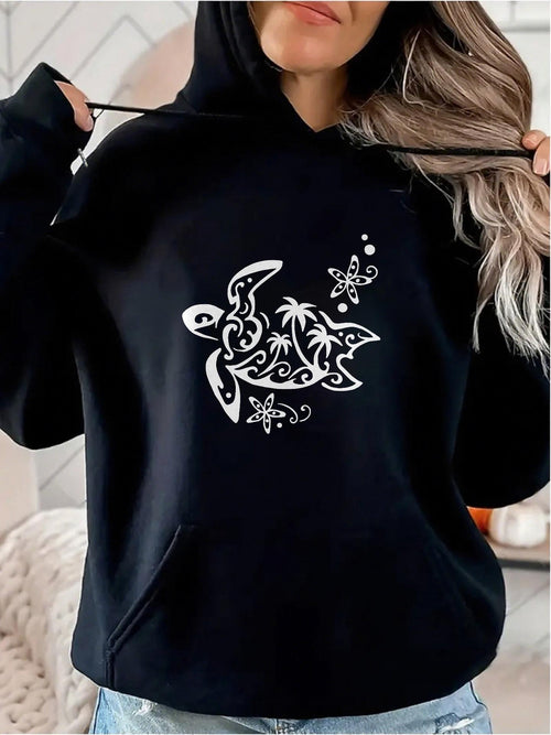 Women's Graphic Hoodie Tropical Swirl Patterns With Palm Trees And Flowers Sea Turtle