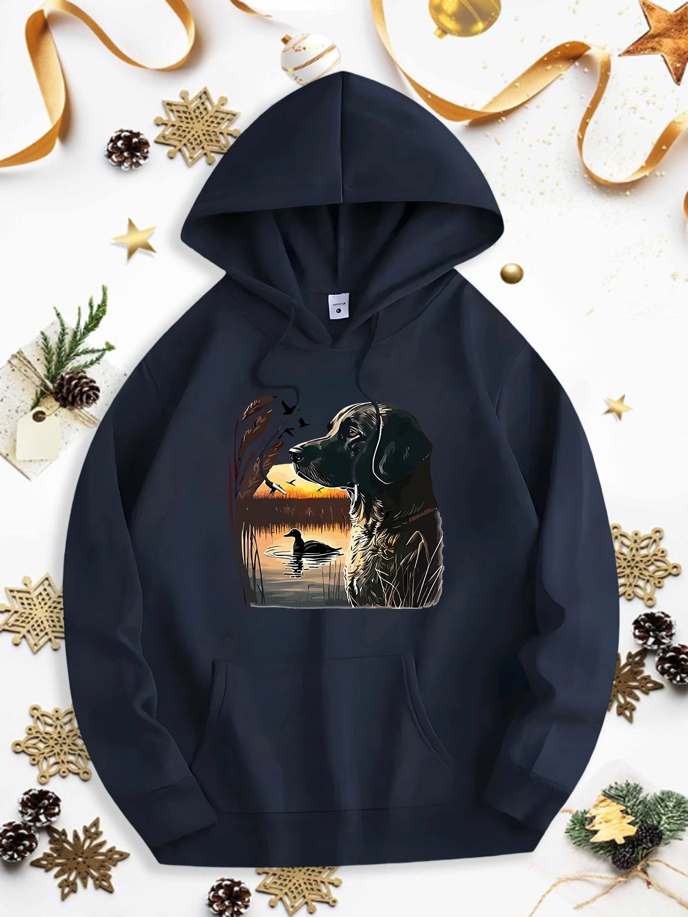 Men's Graphic Hoodie Golden Sunset Reflections With Dog And Silhouetted Birds Near Lake